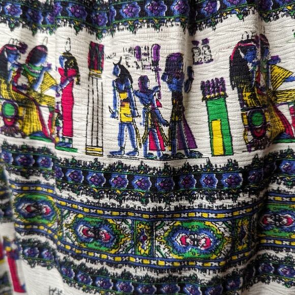 Vtg 1960s Miss Egypt Ivory Blue Colorful Egyptian Printed Barkcloth Maxi Skirt M - Picture 3 of 5